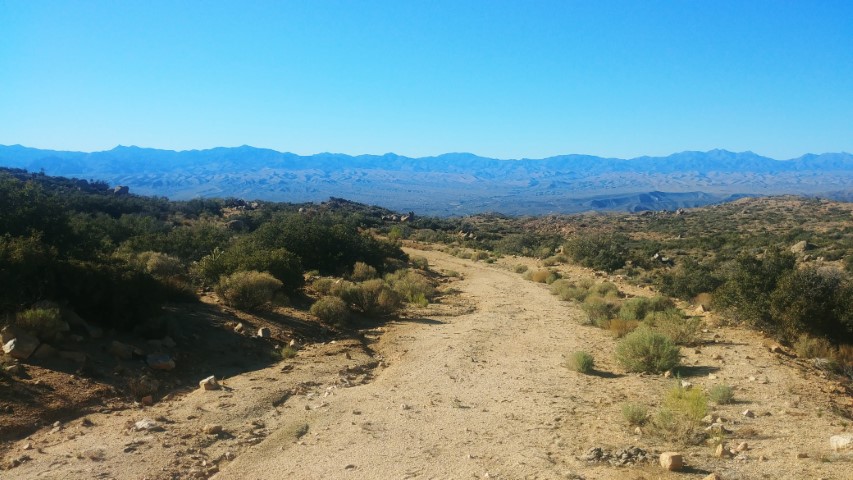 A dirt road curves gently toward distant blue mountains..