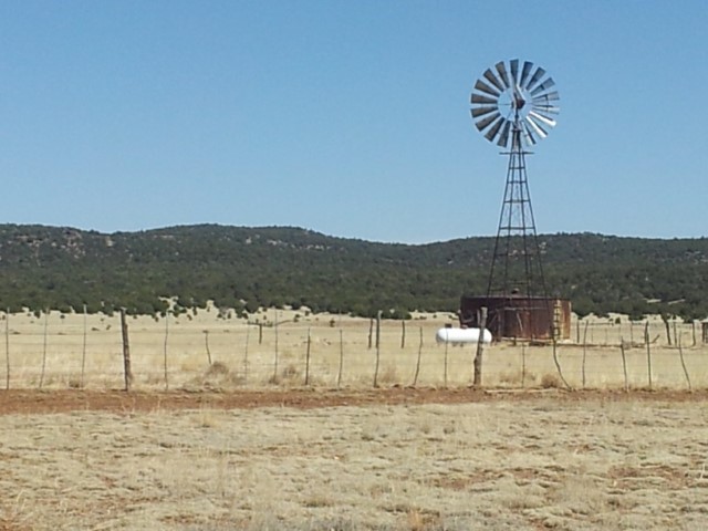 A farmstead on a grassy plain with a windmill..