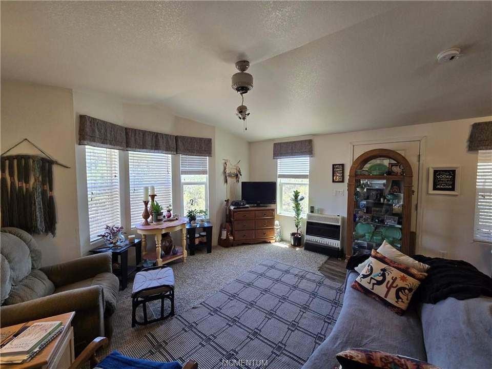 1 bed, 1 bath home on 39.4 acres in Seligman: Vaulted ceiling with a ceiling fan, bay window wit